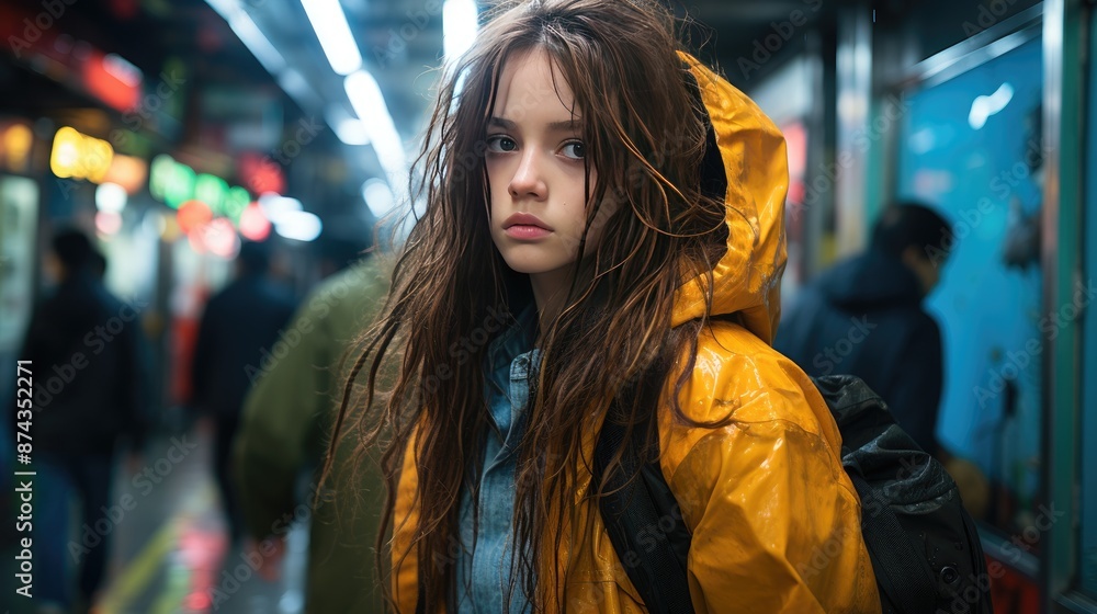 a girl with long hair wearing a yellow raincoat stands in front of a crowd. a girl with long hair wearing a yellow raincoat stands in front of a crowd.