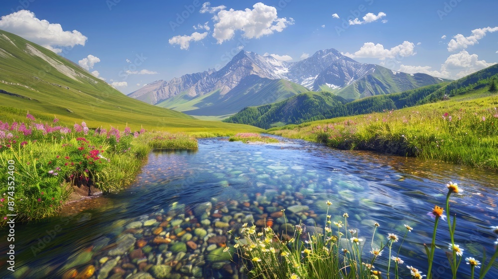 A serene mountain range with rolling hills and crystal-clear rivers, surrounded by vibrant wildflowers. A serene mountain range with rolling hills and crystal-clear rivers, surrounded by vibrant wildflowers.