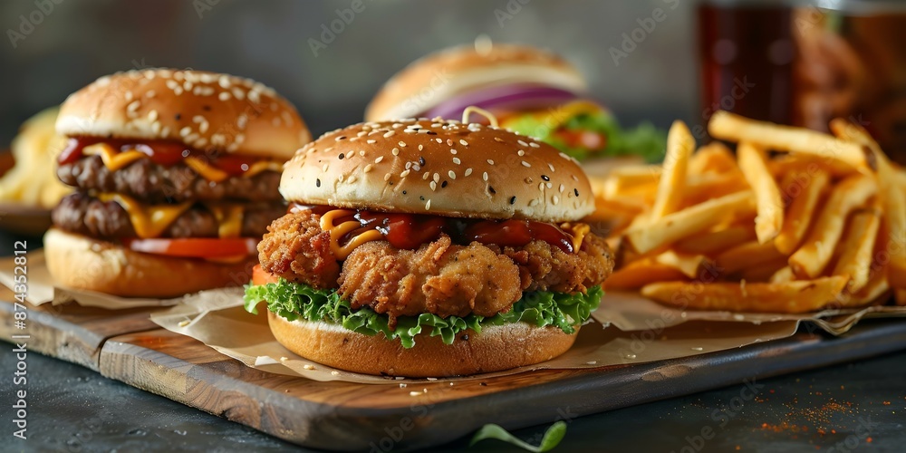 Various fast food options like burgers fried chicken fries and takeout. Concept Fast Food, Burgers, Fried Chicken, Fries, Takeout Various fast food options like burgers fried chicken fries and takeout. Concept Fast Food, Burgers, Fried Chicken, Fries, Takeout