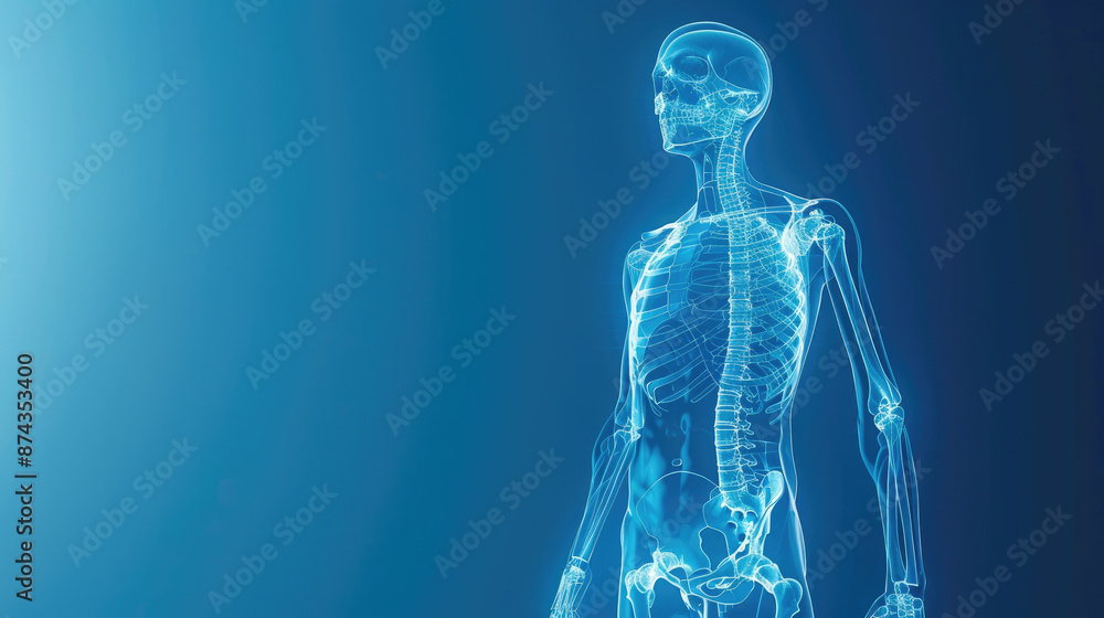 A blue and white image of a skeleton with a blue background. The skeleton is in a very detailed and realistic way, with its bones clearly visible. Concept of scientific accuracy and precision A blue and white image of a skeleton with a blue background. The skeleton is in a very detailed and realistic way, with its bones clearly visible. Concept of scientific accuracy and precision
