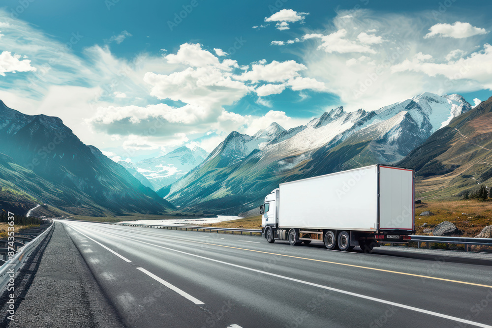 White cargo truck with a white blank empty trailer on highway road with beautiful nature mountains and sky