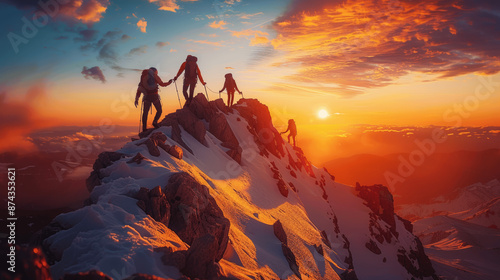 Friends Helping Each Other Reach Mountain Top at Sunset, Teamwork and Success Concept