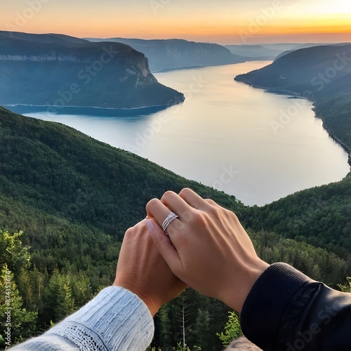 A couple holding eachother's hand with background of  beautiful mountains and river photo