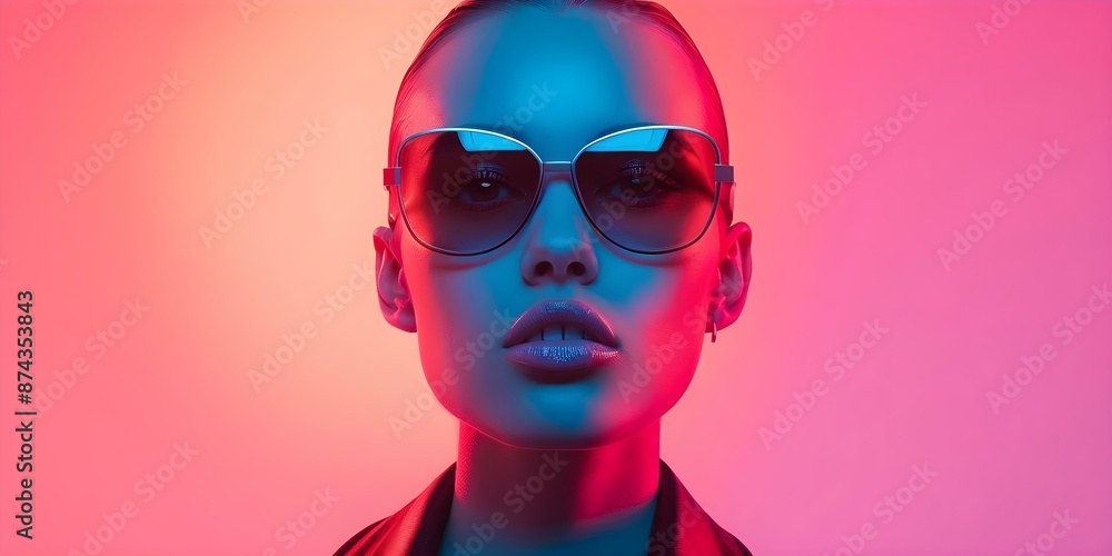 Fashion model in futuristic puffer glasses with neon accents in surreal setting. Concept Futuristic Fashion, Neon Accents, Surreal Setting, Puffer Glasses, Fashion Model Fashion model in futuristic puffer glasses with neon accents in surreal setting. Concept Futuristic Fashion, Neon Accents, Surreal Setting, Puffer Glasses, Fashion Model
