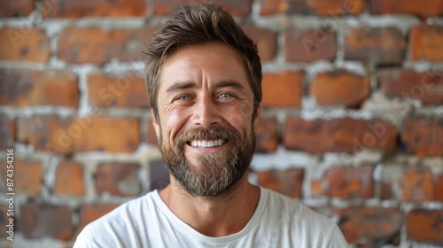 Smiling Man With Beard Against a Brick Wall