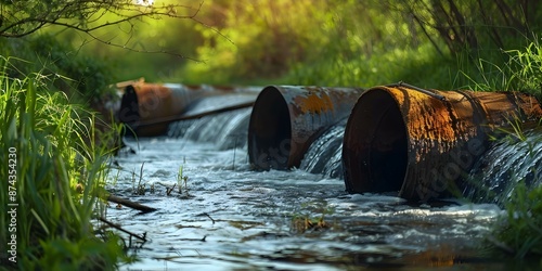 Industrial pollution large metal pipes discharging waste water into rivers. Concept Pollution, Industrial Impact, Water Contamination, Environmental Concerns, Industrial Practices