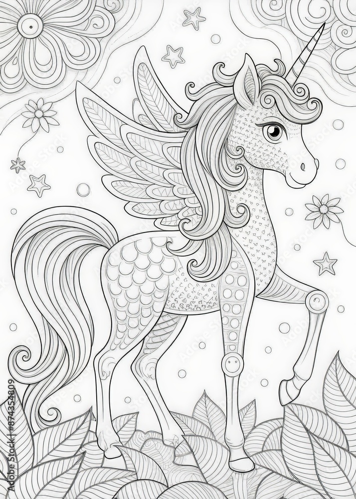 Fototapeta premium Unicorn with wings and flowers. Coloring book page for adults. Black and white illustration.