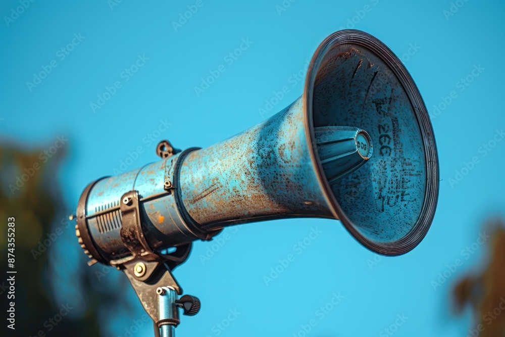 Fototapeta premium A close-up of a blue vintage megaphone mounted on a stand against a clear blue sky