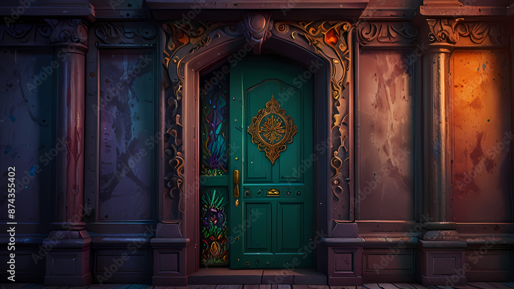 Illustration of a door that serves as a mystical portal to another realm, filled with enchanting creatures and vibrant colors Illustration of a door that serves as a mystical portal to another realm, filled with enchanting creatures and vibrant colors