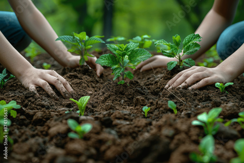 Diverse Hands Holding Young Plant in Soil, Environment Sustainability, Nurturing Growth, Eco-Awareness Concept Closeup