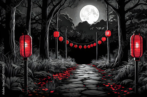 A serene pathway lined with red lanterns leading through a forest vector painting art illustration images.
 photo