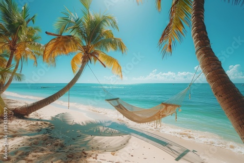 Hammock with palm trees on a tropical beach, summer sea in holiday background