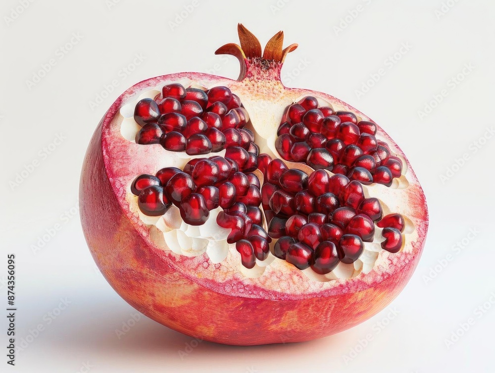 Half of a ripe pomegranate fruit with seeds exposed. Half of a ripe pomegranate fruit with seeds exposed.