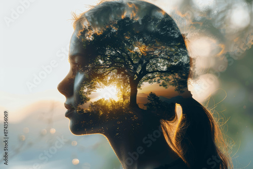 Woman's Silhouette with Nature Double Exposure, Mental Health and Nature Connection Concept