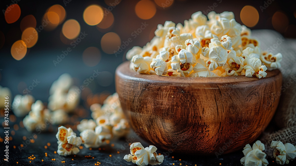 Close-up of golden sweet popcorn in a natural wooden cup Close-up of golden sweet popcorn in a natural wooden cup