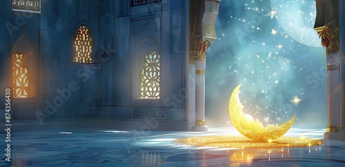 A golden yellow crescent moon in a mosque with light shining from above
