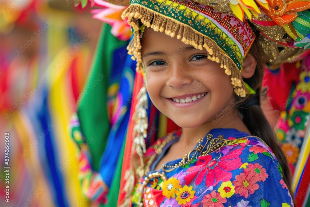 A young girl smiles at the camera while wearing a traditional brightly colored costume and headband A young girl smiles at the camera while wearing a traditional brightly colored costume and headband
