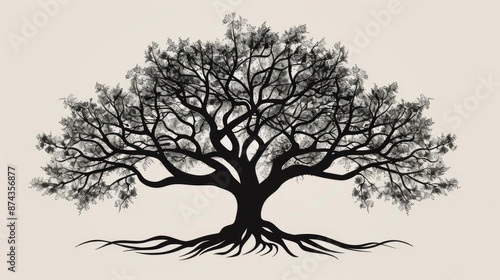 Silhouette of a large, sprawling tree with intricate branches and roots.