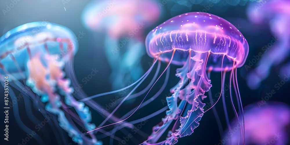 Obraz premium Explore vibrant jellyfish in a glowing sea with elegant flowing tentacles. Concept Underwater Photography, Vibrant Jellyfish, Glowing Sea, Flowing Tentacles, Ocean Exploration,