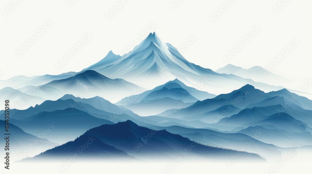 Watercolor painting of a majestic mountain range with fog and clouds. Watercolor painting of a majestic mountain range with fog and clouds.