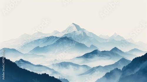 Minimalist blue mountain landscape with fog and snowy peak.