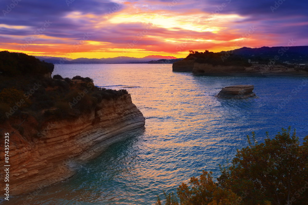 Obraz premium amazing sunset nature scene, Europe, Greece, Sidari resort, rocky coast near famous Canal Damour (Canal of love)