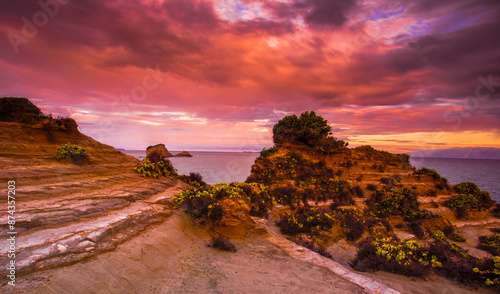 amazing sunset nature scene, Europe, Greece, Sidari resort, rocky coast near famous Canal Damour (Canal of love)