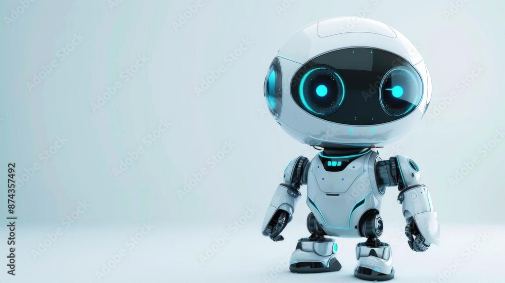 Cute white robot with blue eyes standing on a white background. Cute white robot with blue eyes standing on a white background.