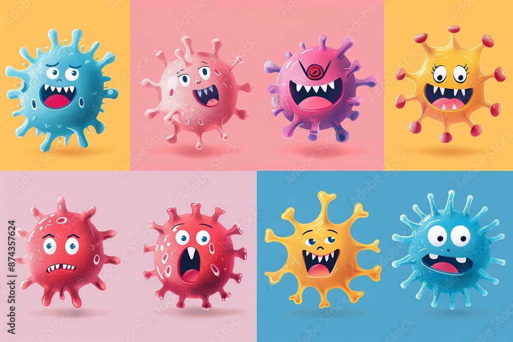 Fototapeta premium Dive into a whimsical virus fiesta where microscopic intruders take center stage in a lighthearted and comical background filled with playful and colorful designs
