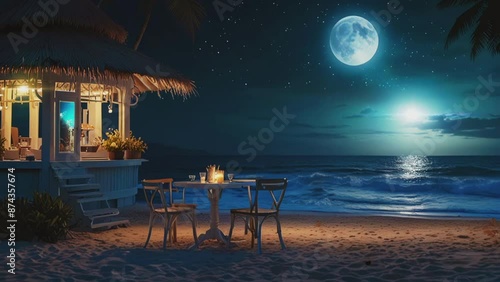 restaurant on the beach at night.Seamless 4k time lapse virtual video animation background