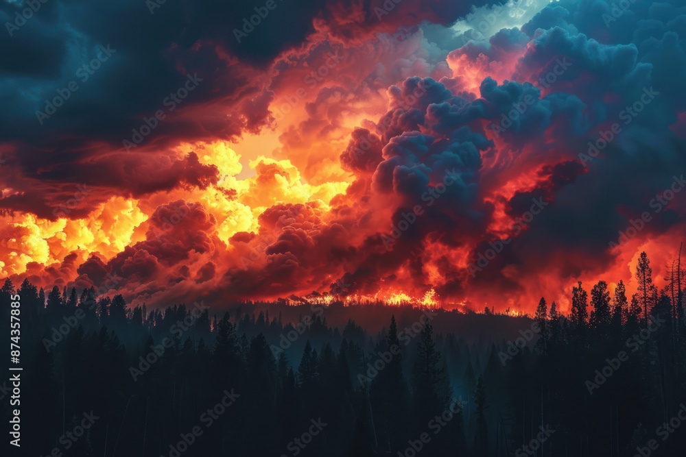 Fototapeta premium Against the backdrop of a fiery sunset, billowing clouds of smoke rise ominously into the darkening sky