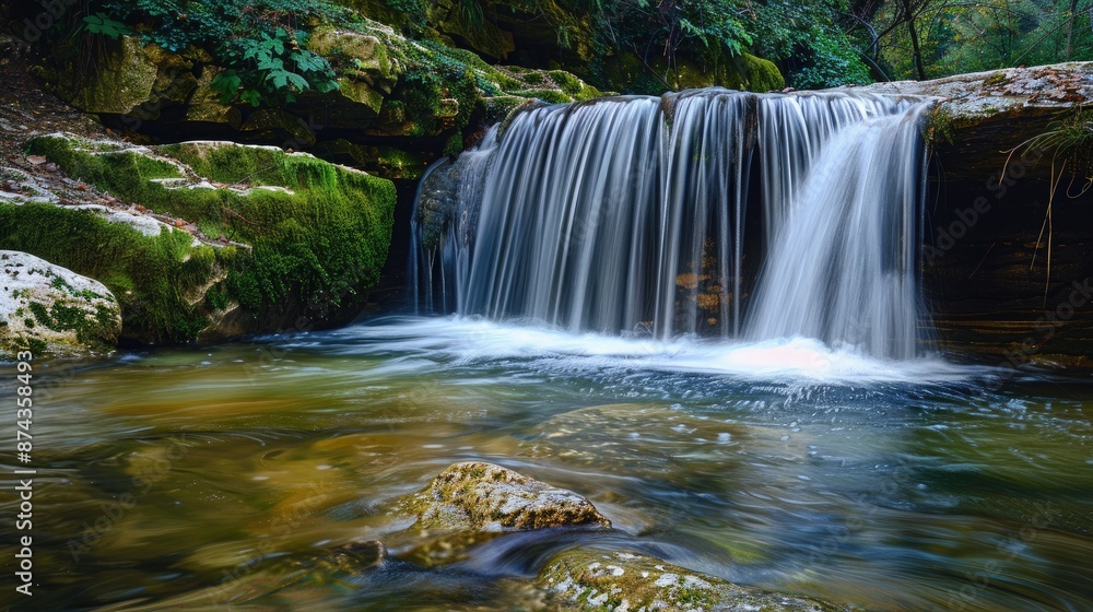 Obraz premium A serene waterfall in a hidden glade, with moss-covered rocks and clear, cool water flowing into a pool below.