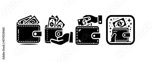open wallet with money peeking out, isolated on white background.vector icons collection.black colour icon