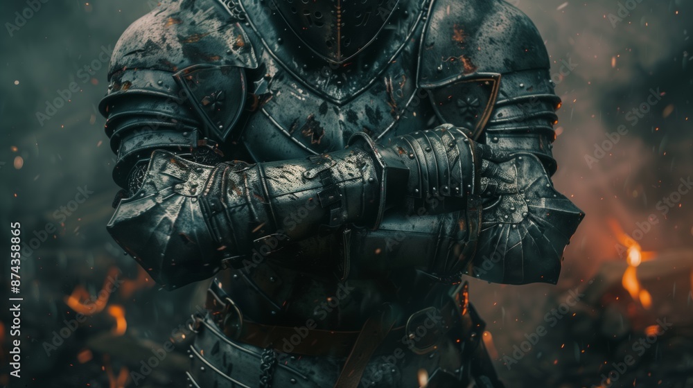 Arms folded in front of him in chainmail and protective metal knight suit Arms folded in front of him in chainmail and protective metal knight suit