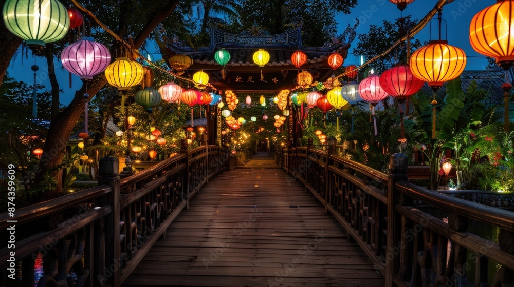 A walkway with many lanterns hanging from the ceiling. Generate AI image A walkway with many lanterns hanging from the ceiling. Generate AI image