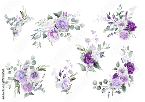 Purple flower isolated clipart PNG. Watercolor floral set on transparent background. Violet, mauve, lilac, lavender flowers and greenery collection for wedding invitation, greeting card, print design