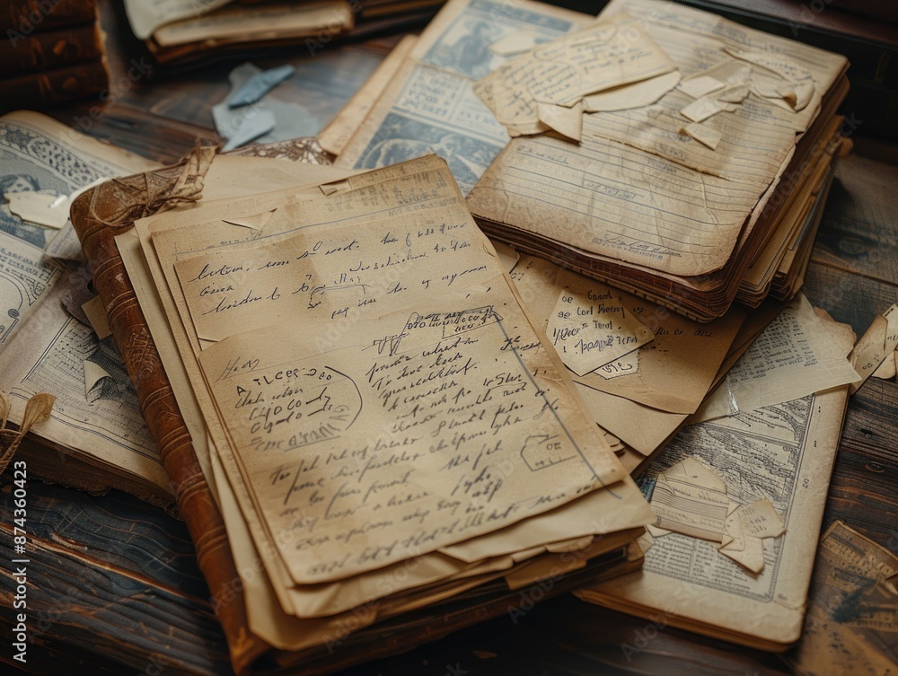 Obraz premium Nostalgic Vintage Desk with Sepia Hand-Drawn Memos in Classic Notebooks