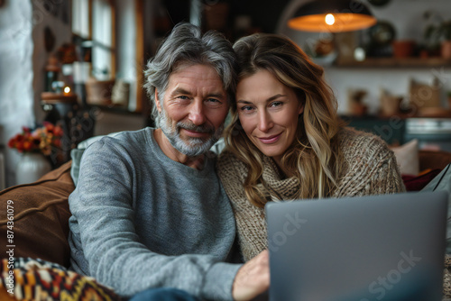 Happy Couple Using Laptop at Home