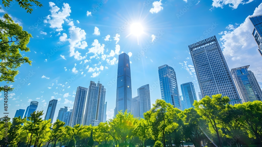 Stunning Modern Cityscape with Skyscrapers and Lush Greenery Under Bright Blue Sky Stunning Modern Cityscape with Skyscrapers and Lush Greenery Under Bright Blue Sky