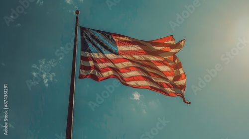 American Flag Waving Under a Teal Sky With Plants in Foreground