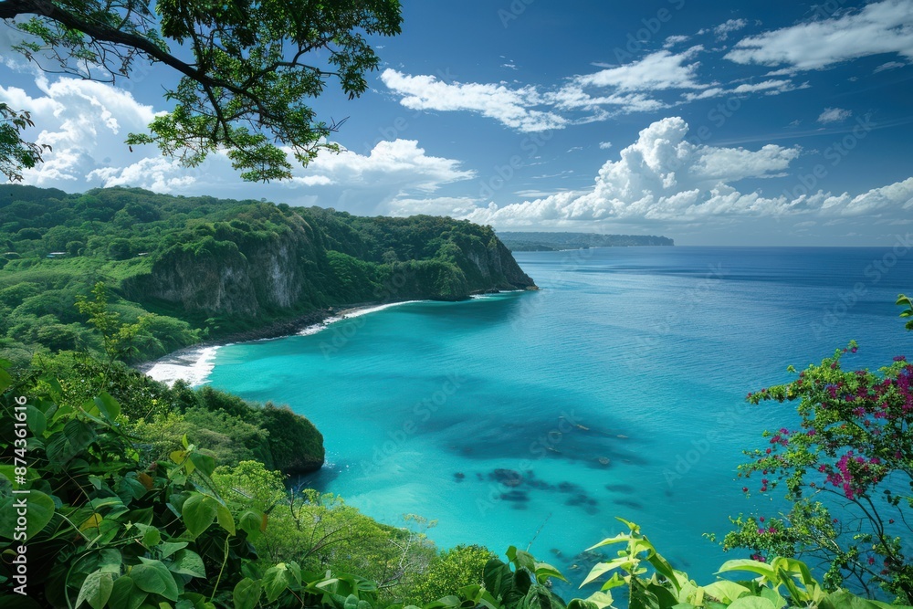 A scenic view from a lush green cliffside overlooking a turquoise ocean bay with white sand and clear blue water A scenic view from a lush green cliffside overlooking a turquoise ocean bay with white sand and clear blue water