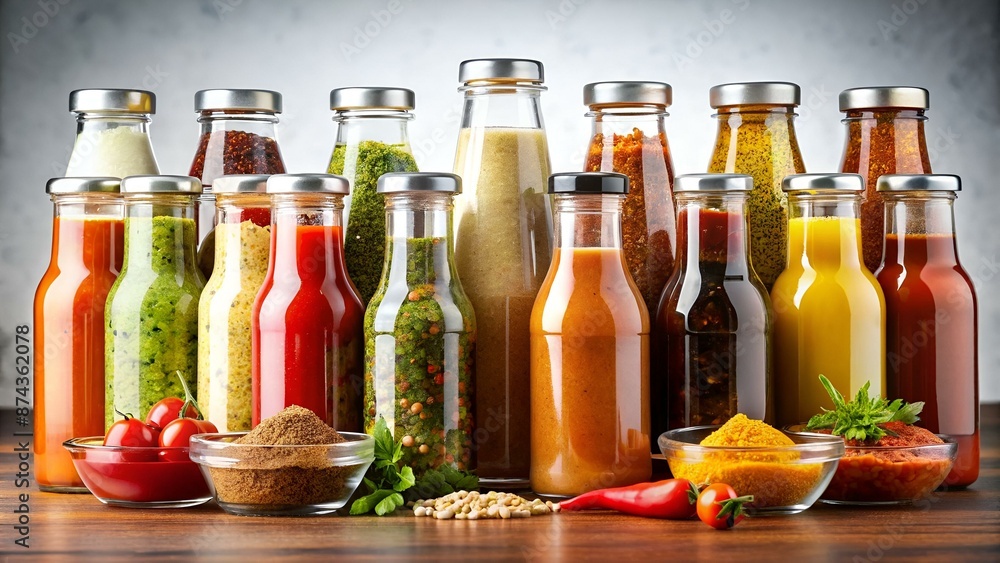 Set of sauces, spices and condiments, in different realistic bottles. Set of sauces, spices and condiments, in different realistic bottles.