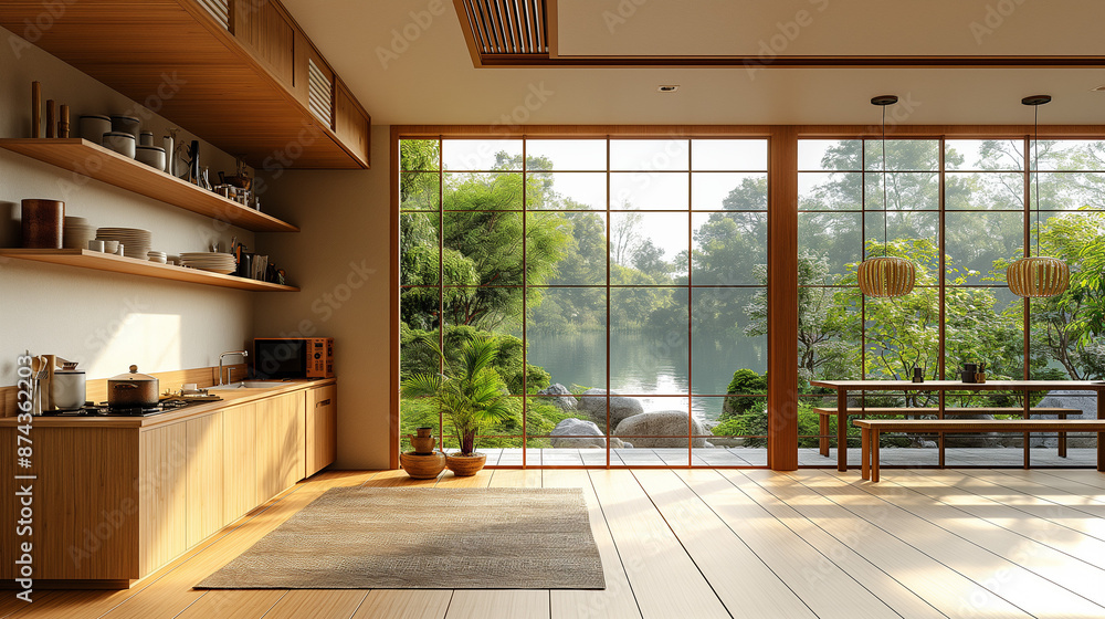 Fototapeta premium minimalist japanese wooden style kitchen, with some kitchen appliances, front view, in reality style.