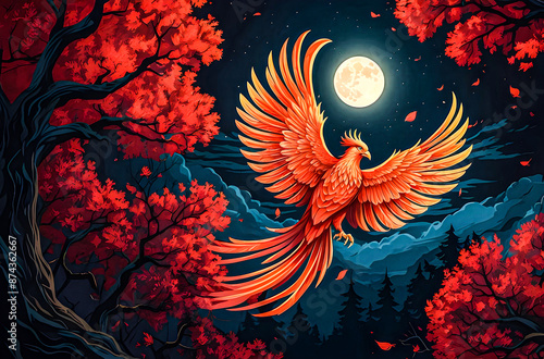 A phoenix rising against a backdrop of red trees and a full moon vector painting art illustration images. 
