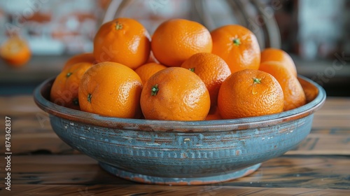 Freshly Picked Oranges In Blue Glazed Bowl On Rustic Wooden Table