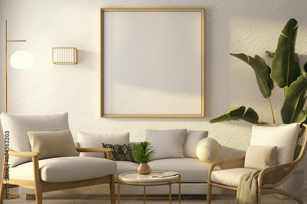 Fototapeta premium A cozy modern living room setup featuring a blank picture frame, designed as an ideal wallpaper or background for home decor ideas