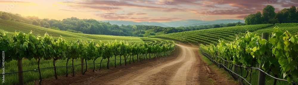 Fototapeta premium A dirt path winding through a vineyard, Realistic, Natural hues, Detailed soil and vine textures