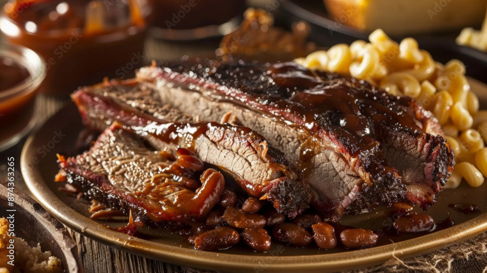 Mouthwatering BBQ brisket smoked low and slow, served with baked beans, macaroni and cheese Mouthwatering BBQ brisket smoked low and slow, served with baked beans, macaroni and cheese