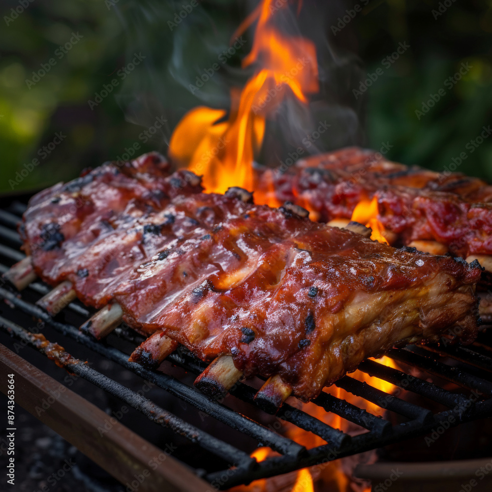 Baby back ribs sitting on a flame on the barbecue smoker in a backyard Baby back ribs sitting on a flame on the barbecue smoker in a backyard