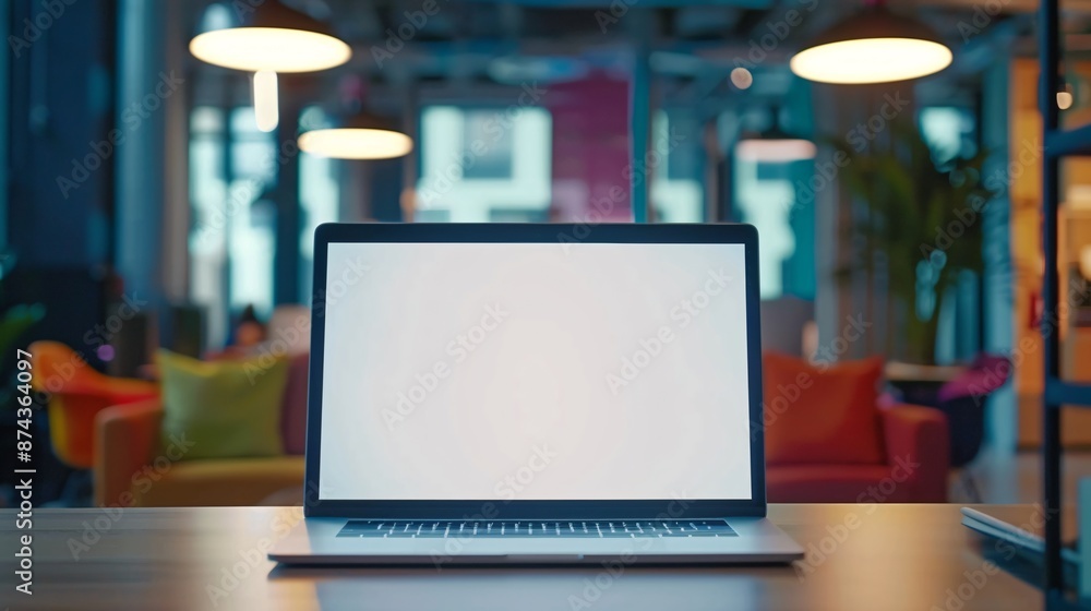 blank white screen on a laptop in a vibrant office environment blank white screen on a laptop in a vibrant office environment